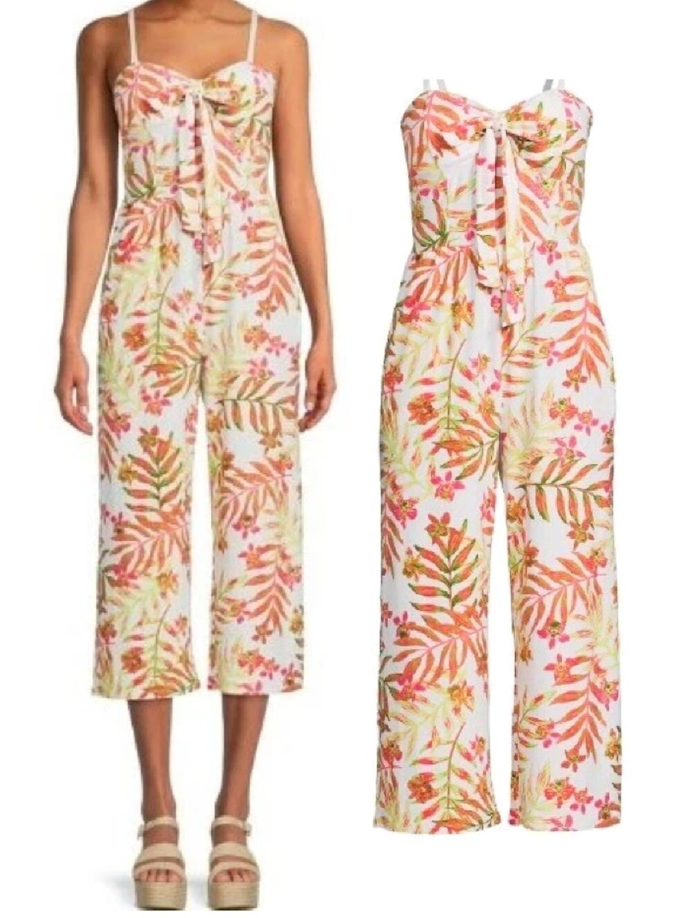 Y2K White Coral Tropical Strapless Wide Leg Cropped Jumpsuit XL Tie Front